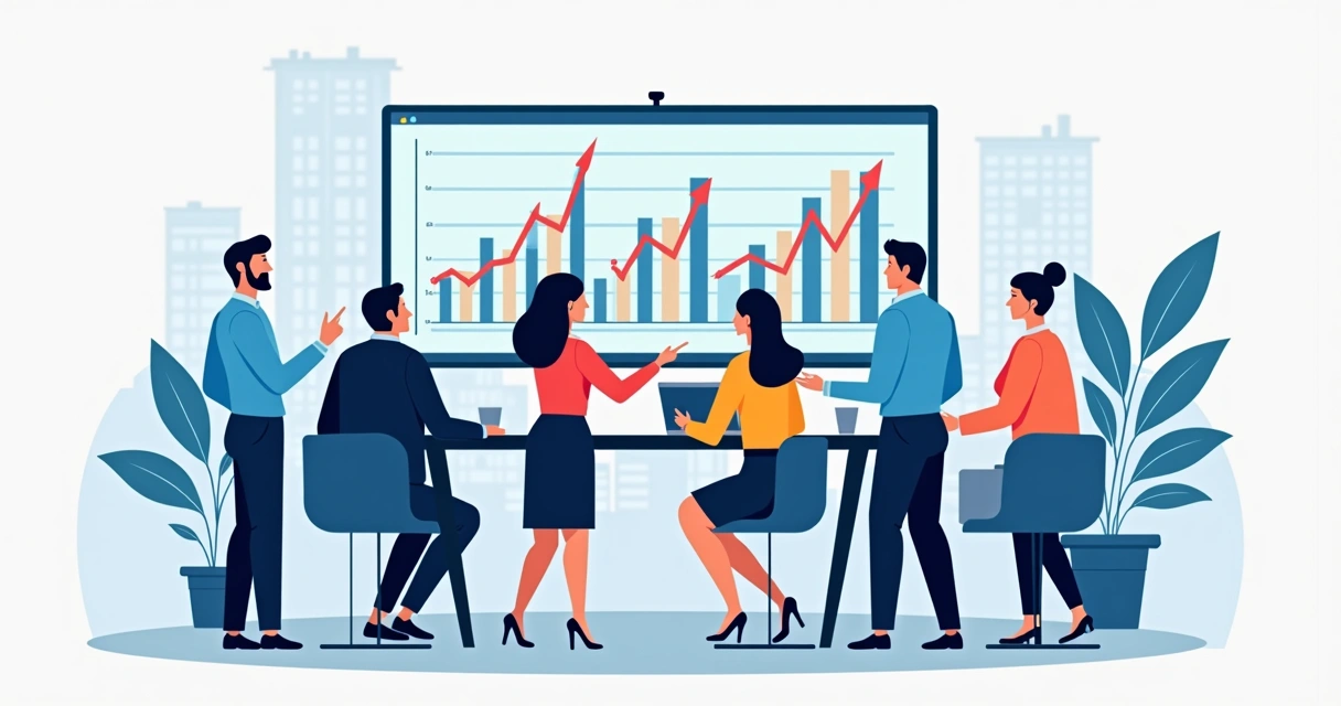 Equipe comercial reunida em frente a tela com gráficos de desempenho em tempo real 