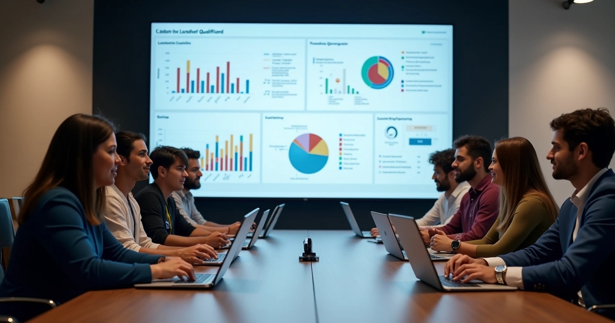 Equipe analisando dados de leads em telão com gráficos e dashboards 