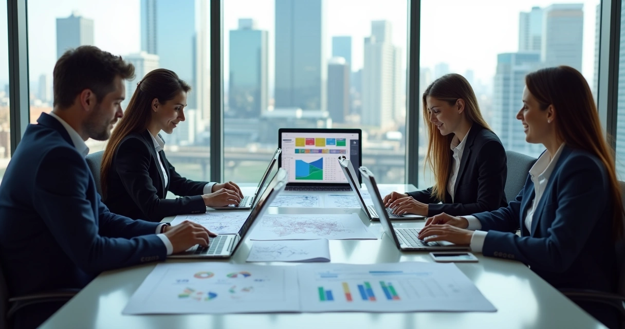 Equipe comercial avaliando dados de obras em tablets e notebooks modernos 
