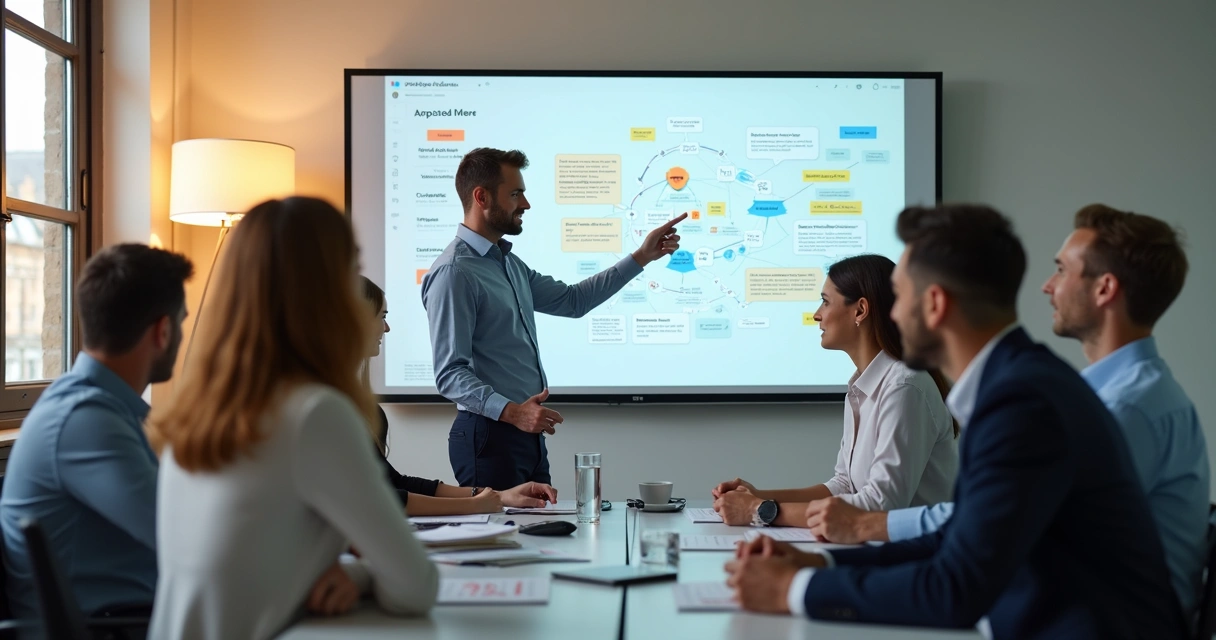 Equipe de vendas em sala de treinamento colaborativo 