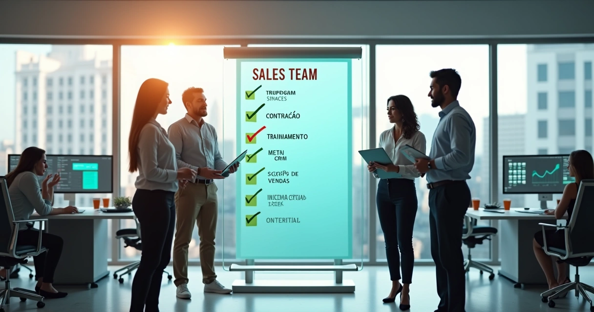 Gestor marca checklist gigante organizando time comercial de BPO financeiro 