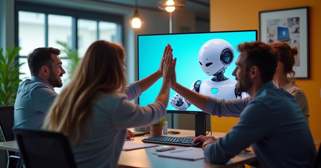 Smiling sales team next to a digital chatbot on screen