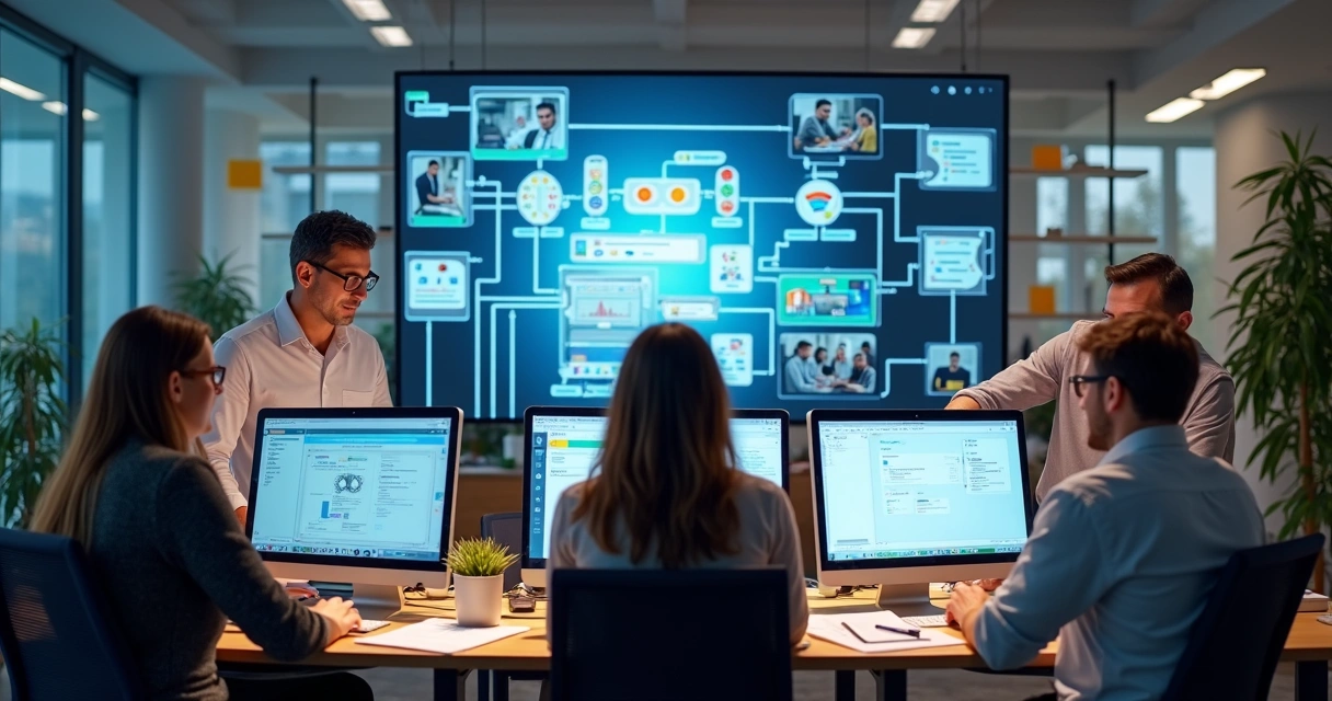 Equipe de vendas interagindo em um escritório, com sistemas conectados em computadores e grande tela ao fundo 