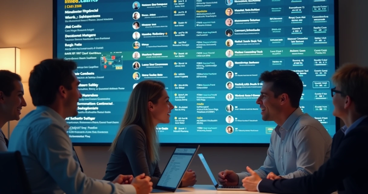 Equipe de vendas analisando leads enriquecidos em uma tela grande 
