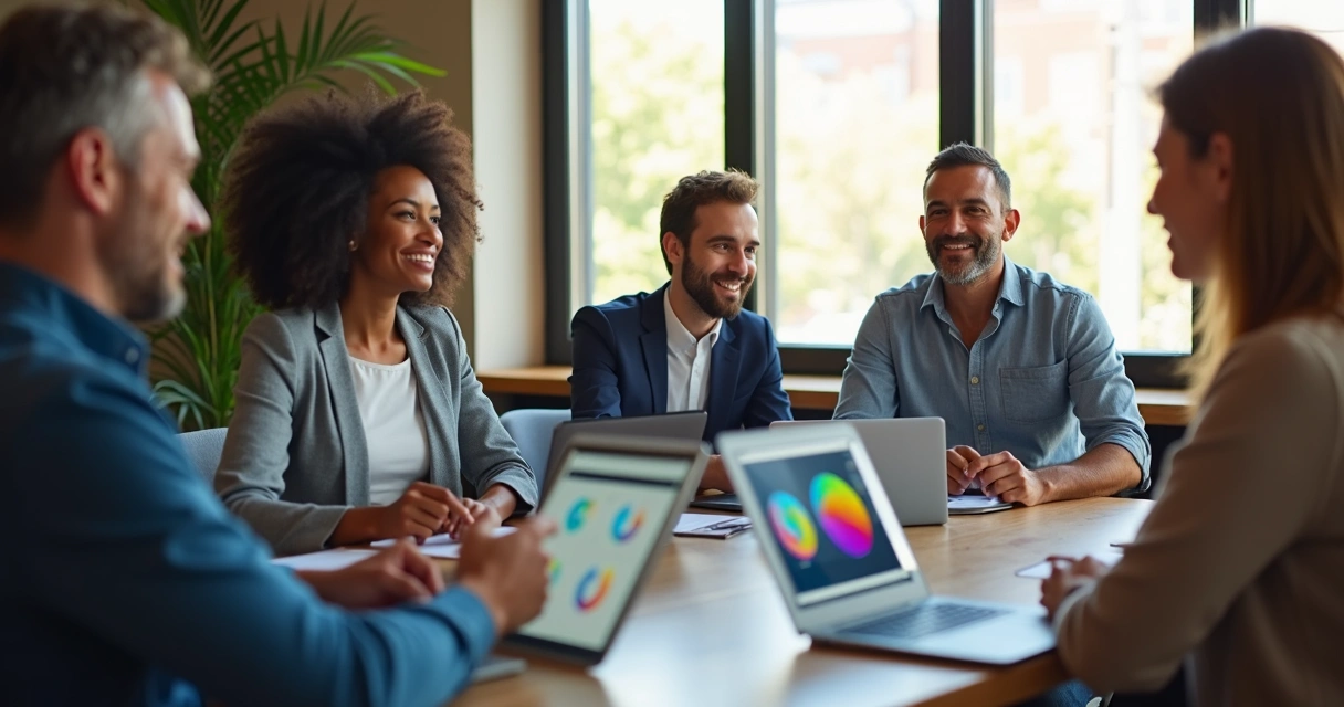 Equipe comercial usando tablet e computador com propostas digitais 
