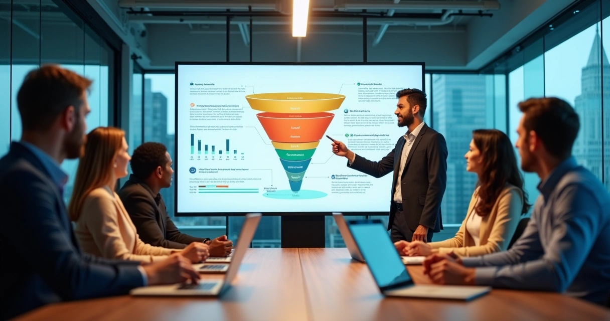 Equipe comercial analisando funil de vendas B2B em painel digital 