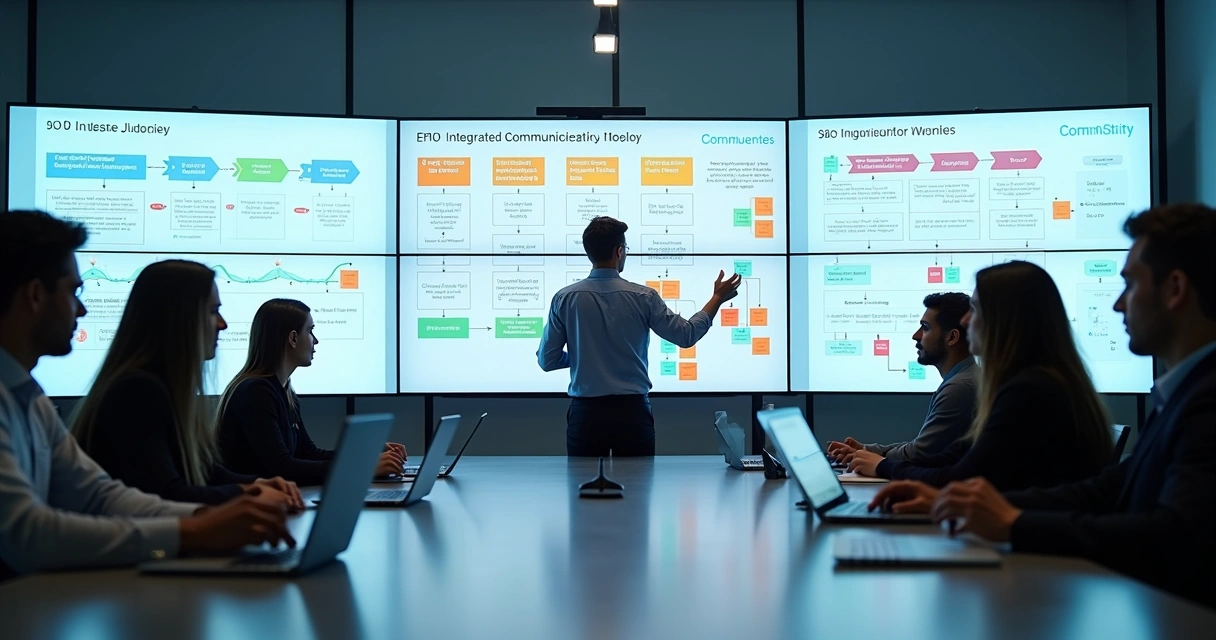 Equipe reunida em treinamento de atendimento omnichannel com telas digitais