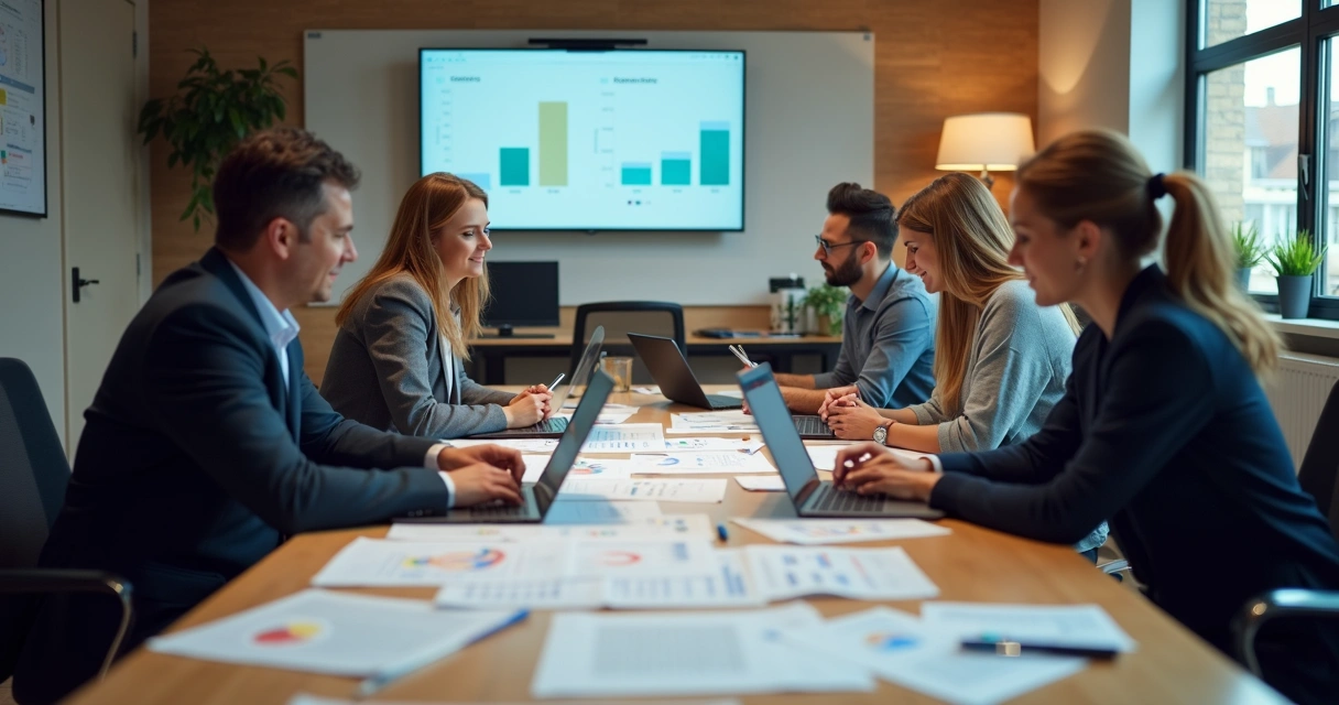 Time comercial analisando e enriquecendo dados de leads no escritório 