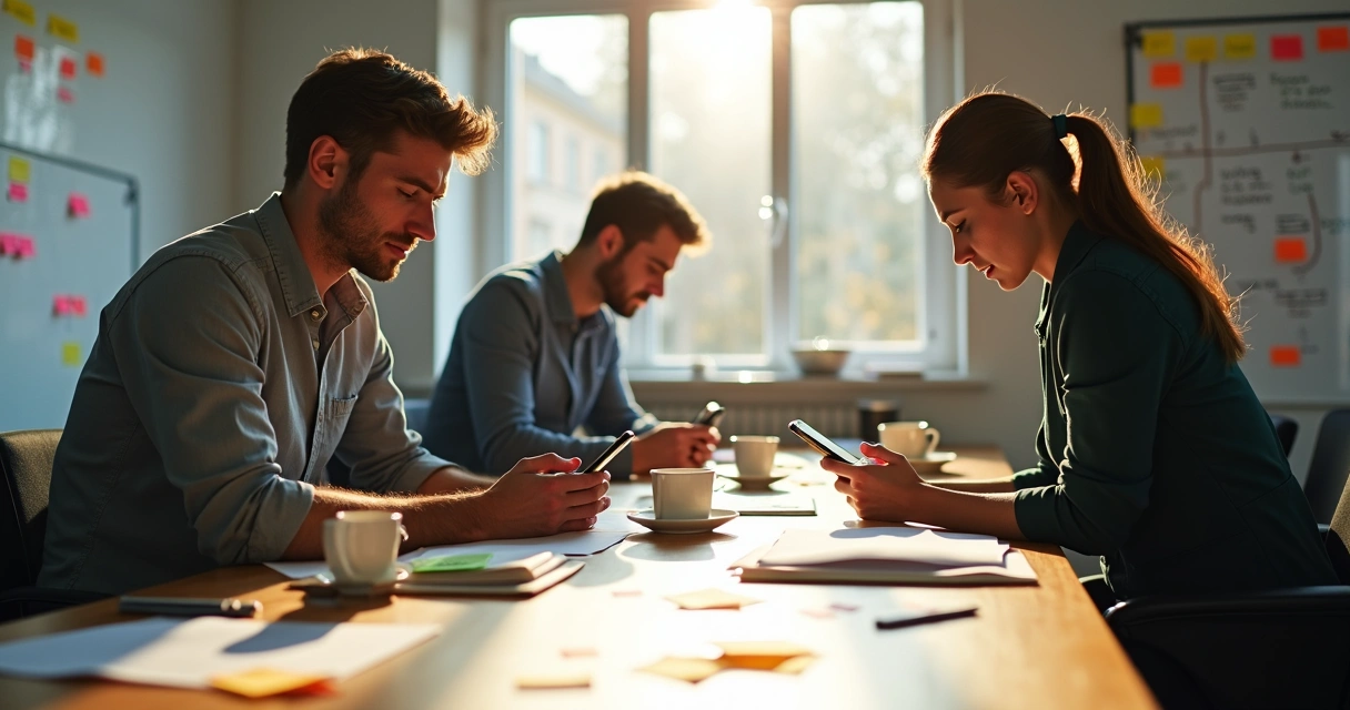 Equipe de vendas confusa olhando celulares e papéis