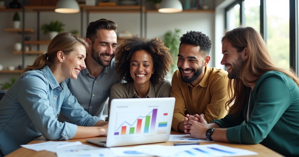 Equipe comercial reunida sorrindo ao redor de gráfico de vendas crescente 