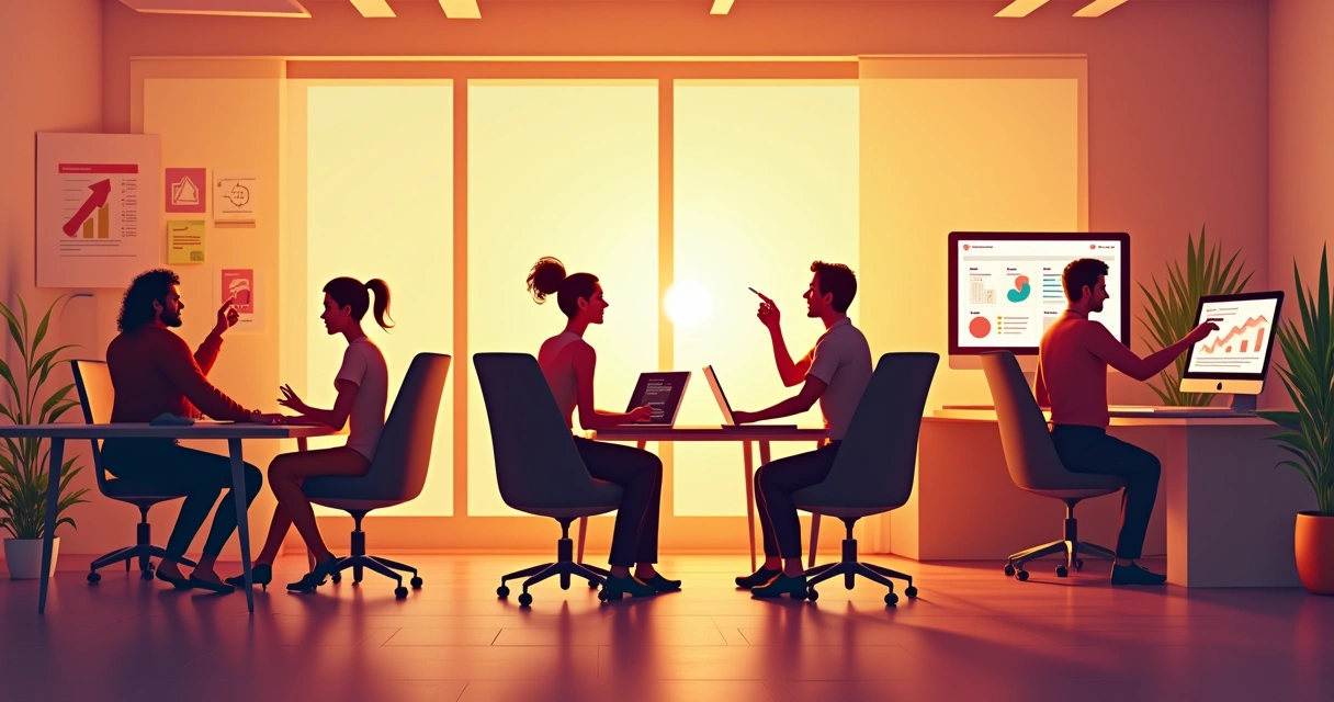 Equipe comercial diversa colaborando em um escritório moderno, com elementos de criatividade e brainstorming.