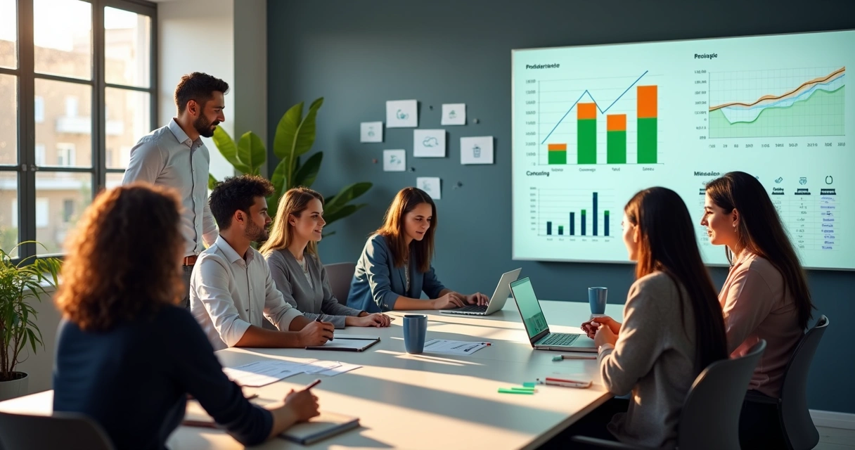 Equipe comercial em reunião analisando painel de produtividade com gráficos em tela grande 