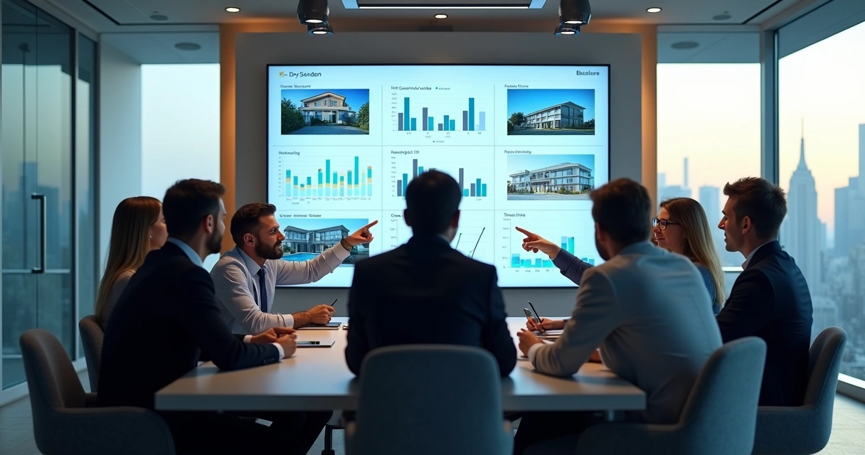 Equipe imobiliária reunida debatendo painel digital de vendas 