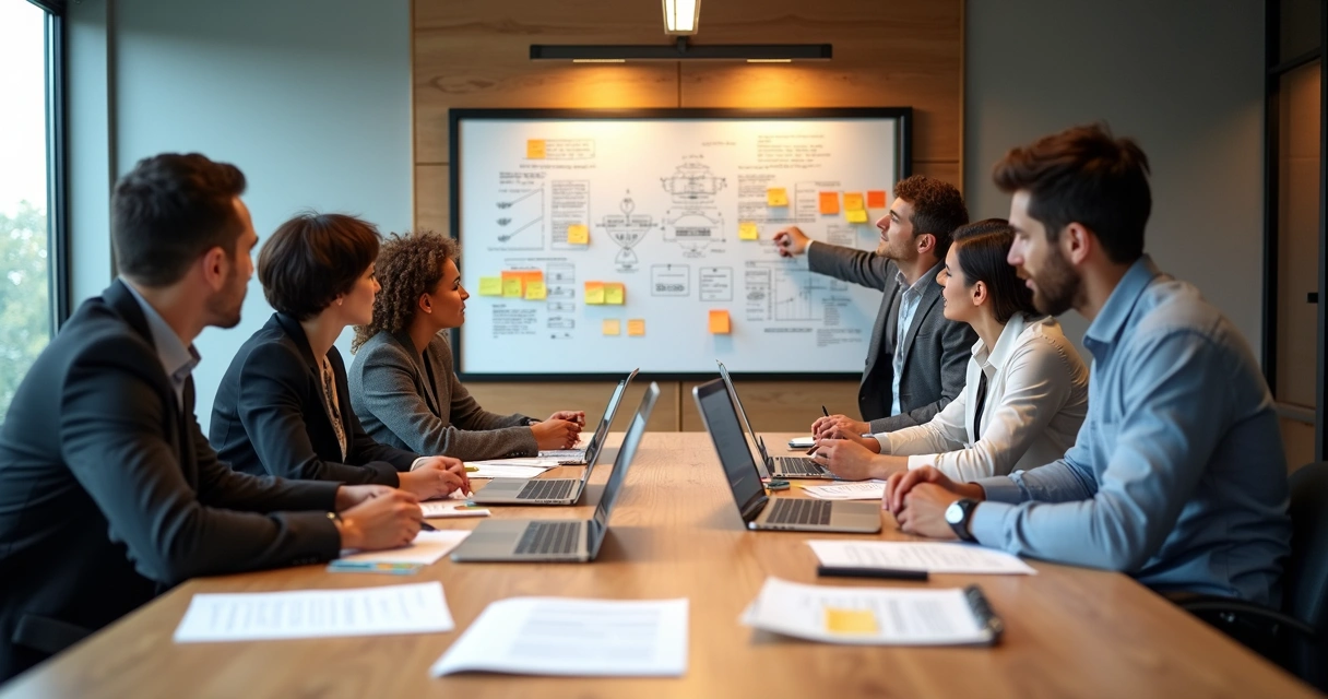Equipe comercial em sala de reunião analisando fluxos de trabalho. 