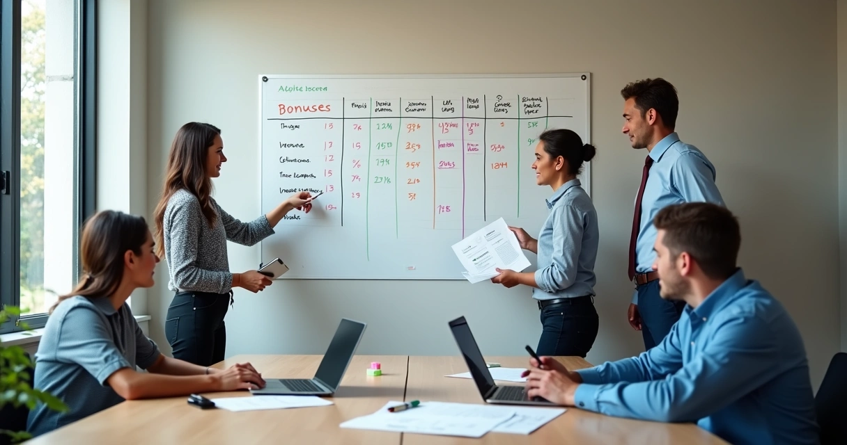 Equipe de vendas em frente a quadro de metas com bonificações destacadas 
