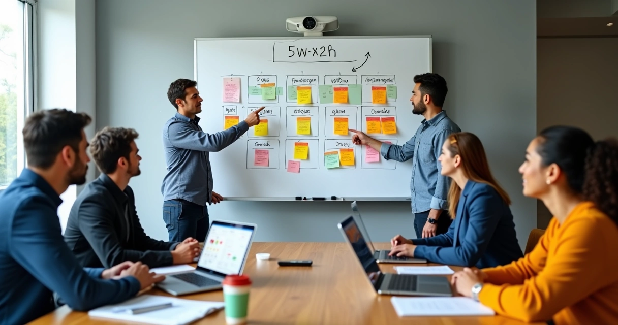 Time comercial de PME planejando ações com quadro 5W2H na parede 