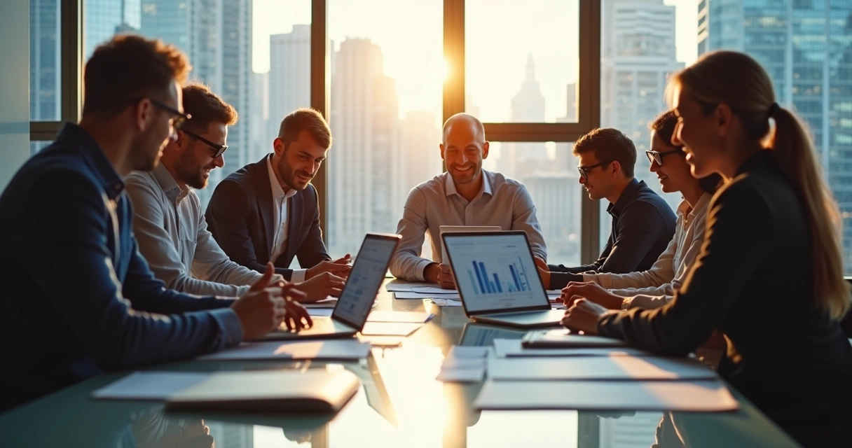 Equipe comercial reunida analisando ferramentas de prospecção digital. 