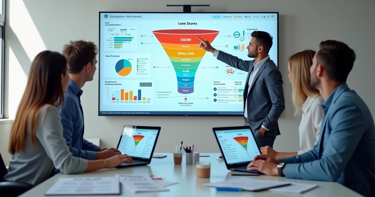Equipe comercial analisando leads em painel digital de vendas 