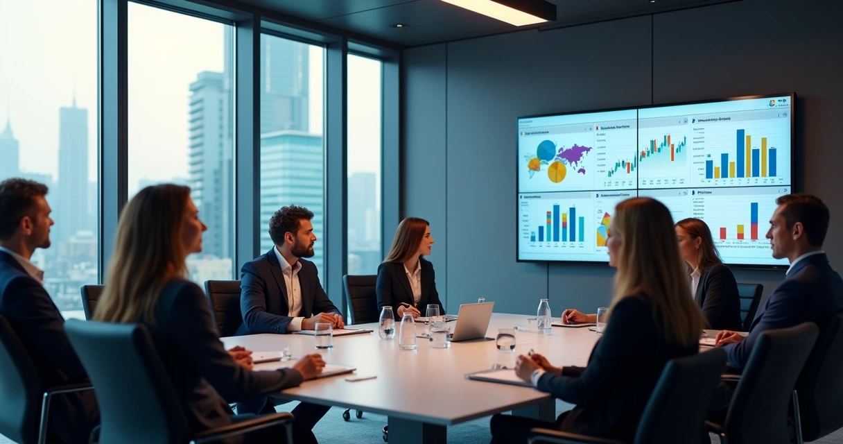 Equipe comercial em reunião analisando gráficos em telas 