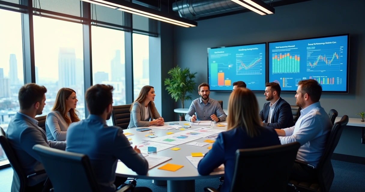 Equipe de vendas reunida em mesa discutindo estratégias de captação multicanal 