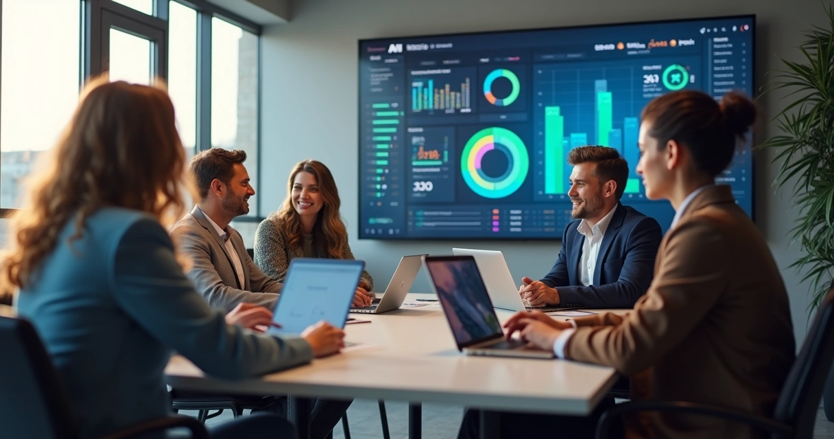 Equipe comercial reunida com painel de IA ao fundo 