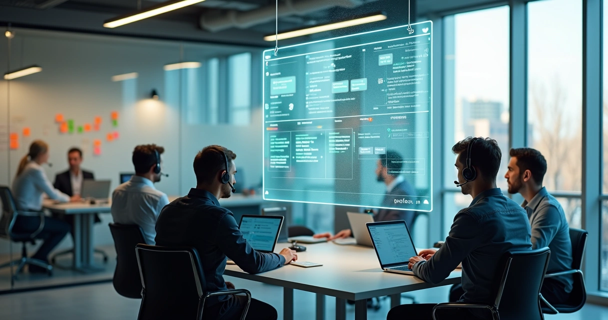 Time comercial trabalhando focado enquanto painel digital de solicitações organiza demandas 