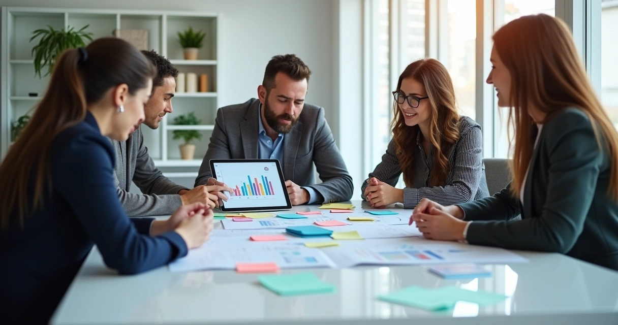 Equipe comercial reunida ao redor de um notebook debatendo oportunidades de expansão de vendas 