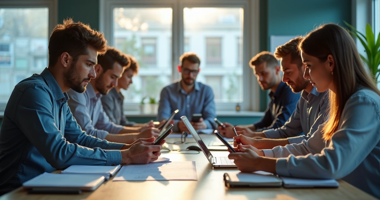 Equipe comercial trocando mensagens de vendas pelo WhatsApp em uma mesa de trabalho