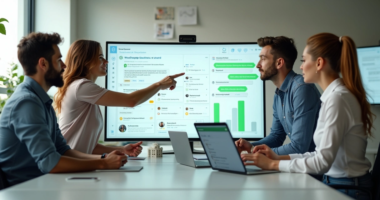 Equipe comercial imobiliária acompanhando funil de leads no WhatsApp em telas de computador e celular 