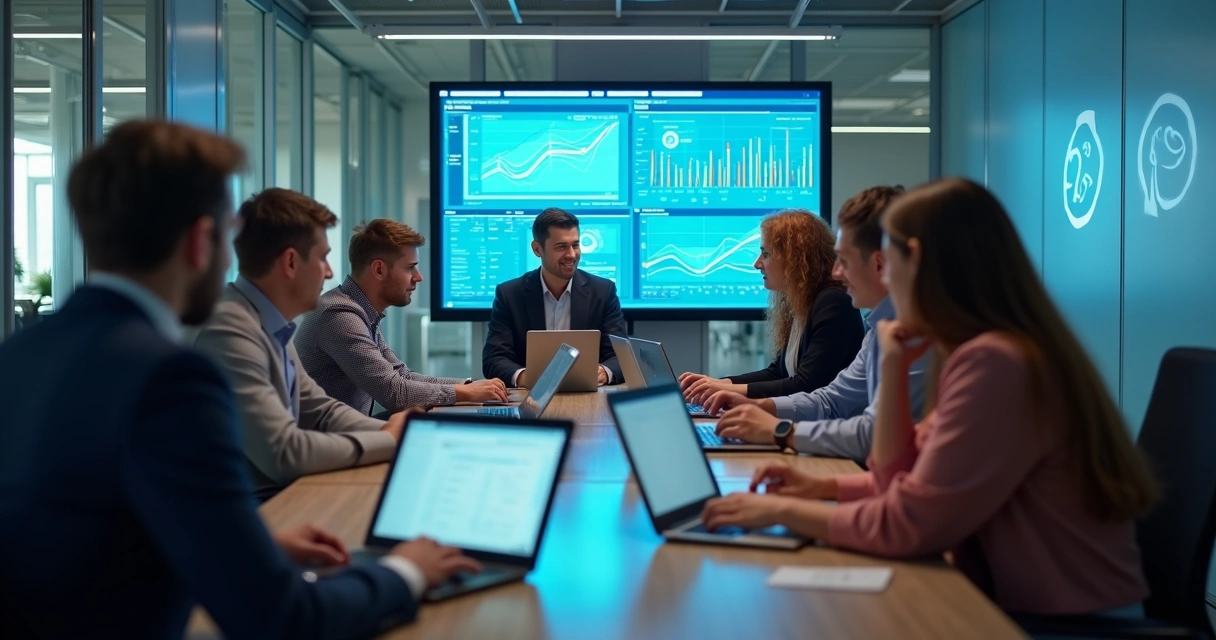 Equipe de vendas reunida analisando dados em computadores modernos