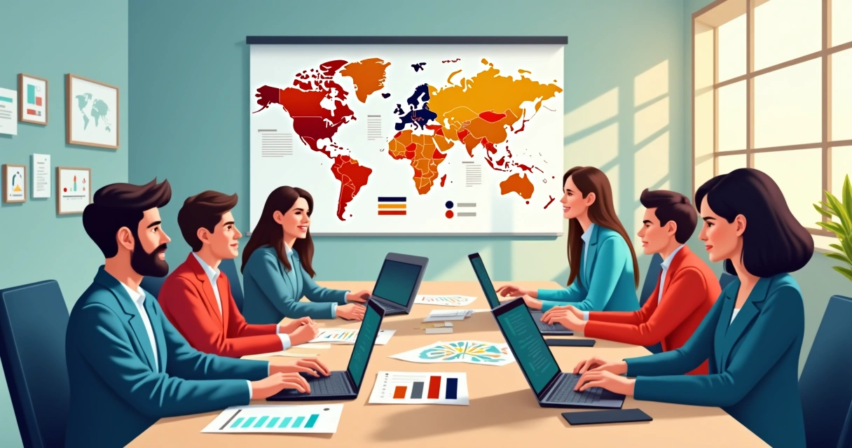 Equipe de comunicação política em reunião com gráficos e computador