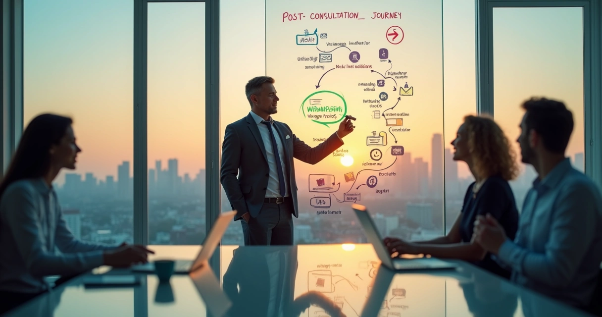 Gestor de clínica revisa quadro de jornada pós-consulta com setas e canais de contato 