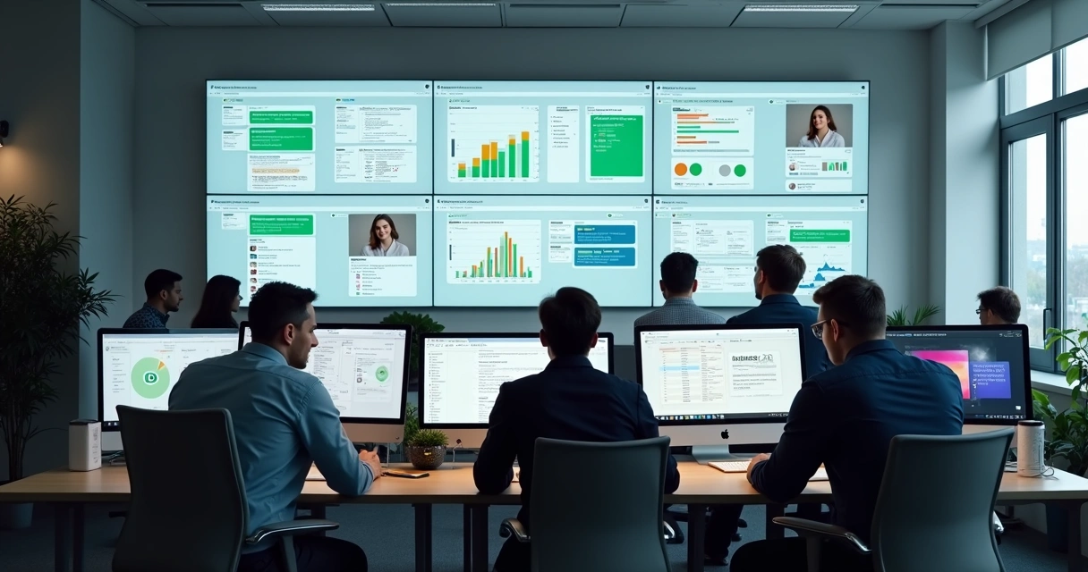 Equipe reunida em frente a computadores monitorando mensagens de WhatsApp e Instagram 