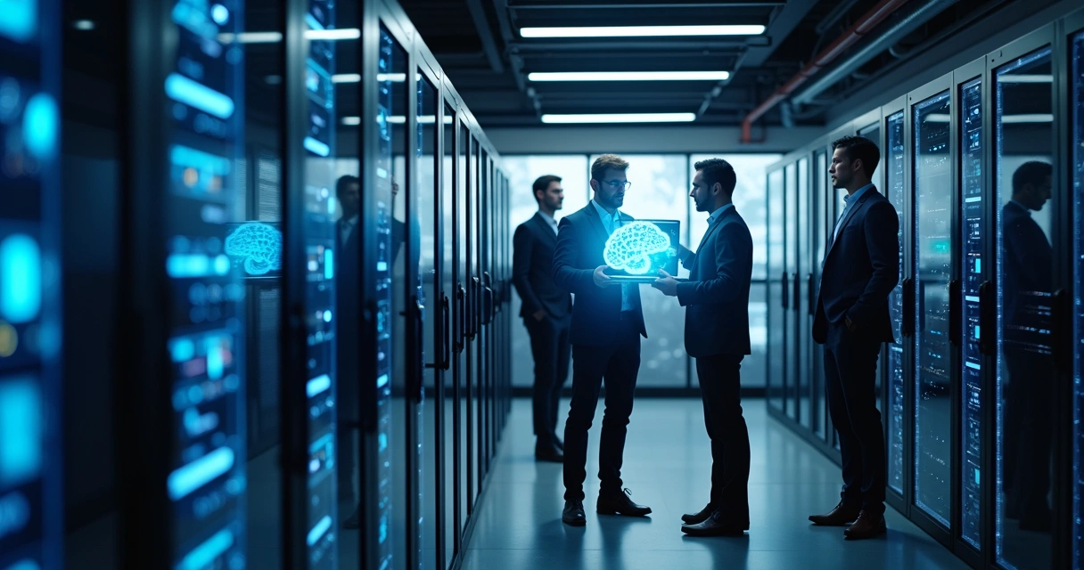 Equipe de TI ajustando servidores de IA em sala moderna 