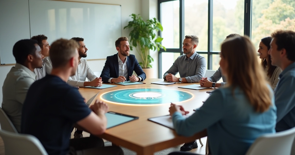 Equipe diversa em reunião circular com líder facilitando conexão consciente 