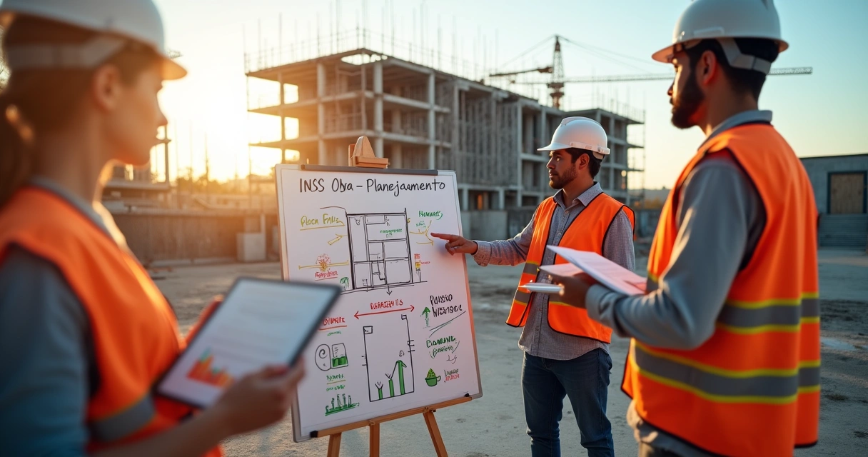 Equipe de construção analisando quadro branco com cronograma e custos de INSS de obra 