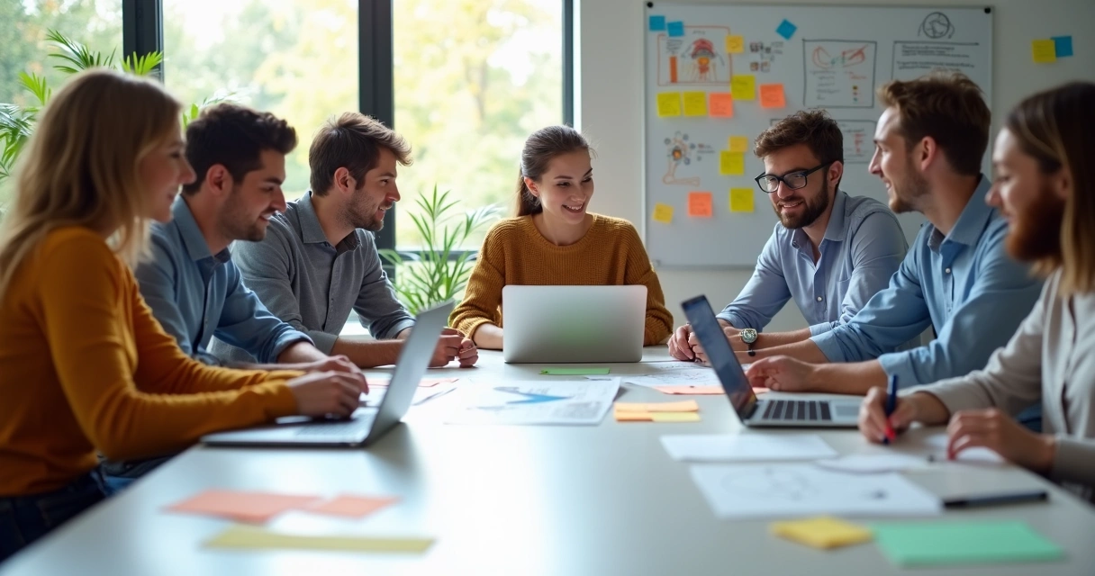 Equipe colaborando na construção do MVP em ambiente moderno 