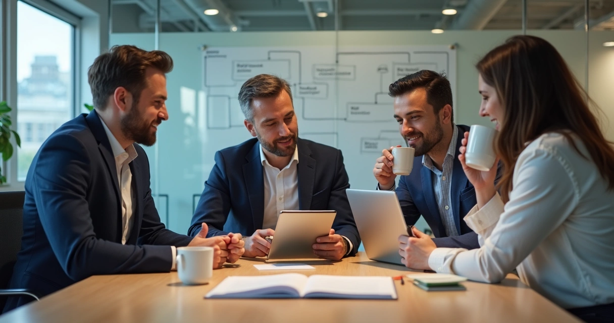 Equipe de vendas consulta playbook digital antes de reunião