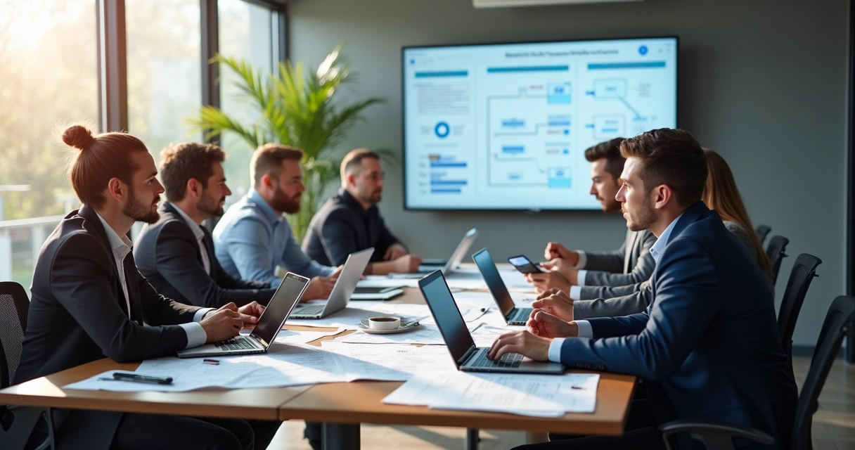 Time de consultores de software planejando um projeto personalizado 