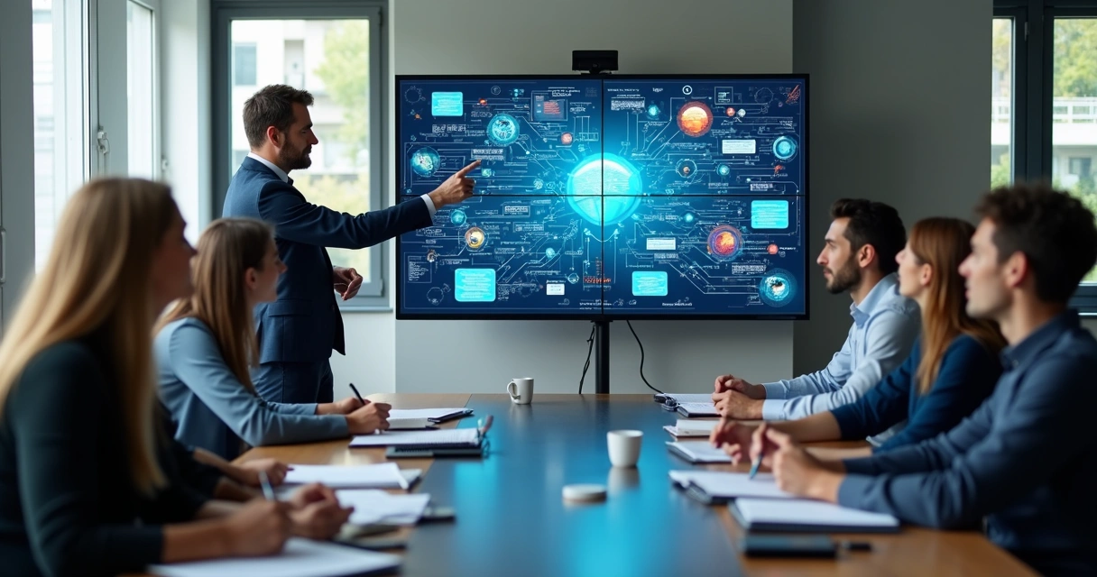 Equipe de consultoria reunida em frente a telas com fluxos inteligentes 