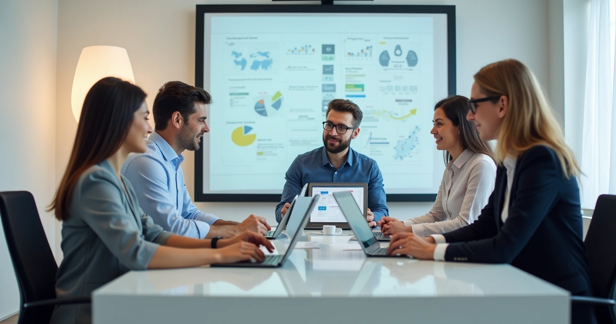 Equipe de profissionais de SaaS reunida em mesa analisando aplicativos e fluxos digitais 