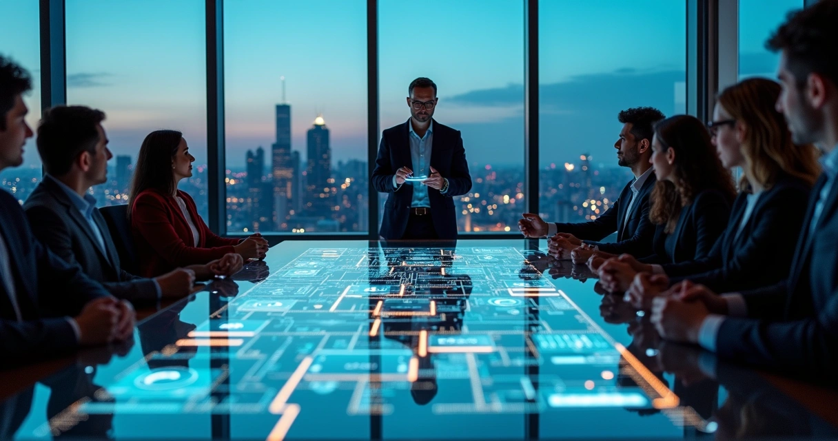 Equipe de executivos e consultores alinhando fluxos digitais em maquete de cidade conectada 