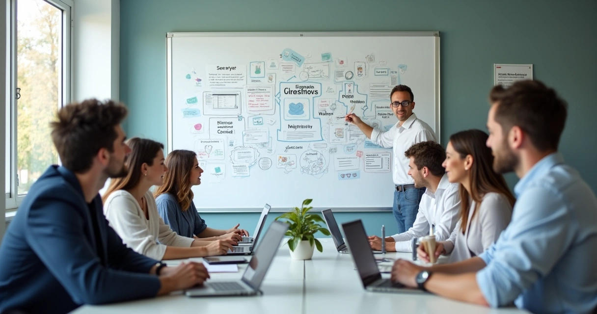 Equipe odontológica reunida pensando em conteúdos para marketing digital 