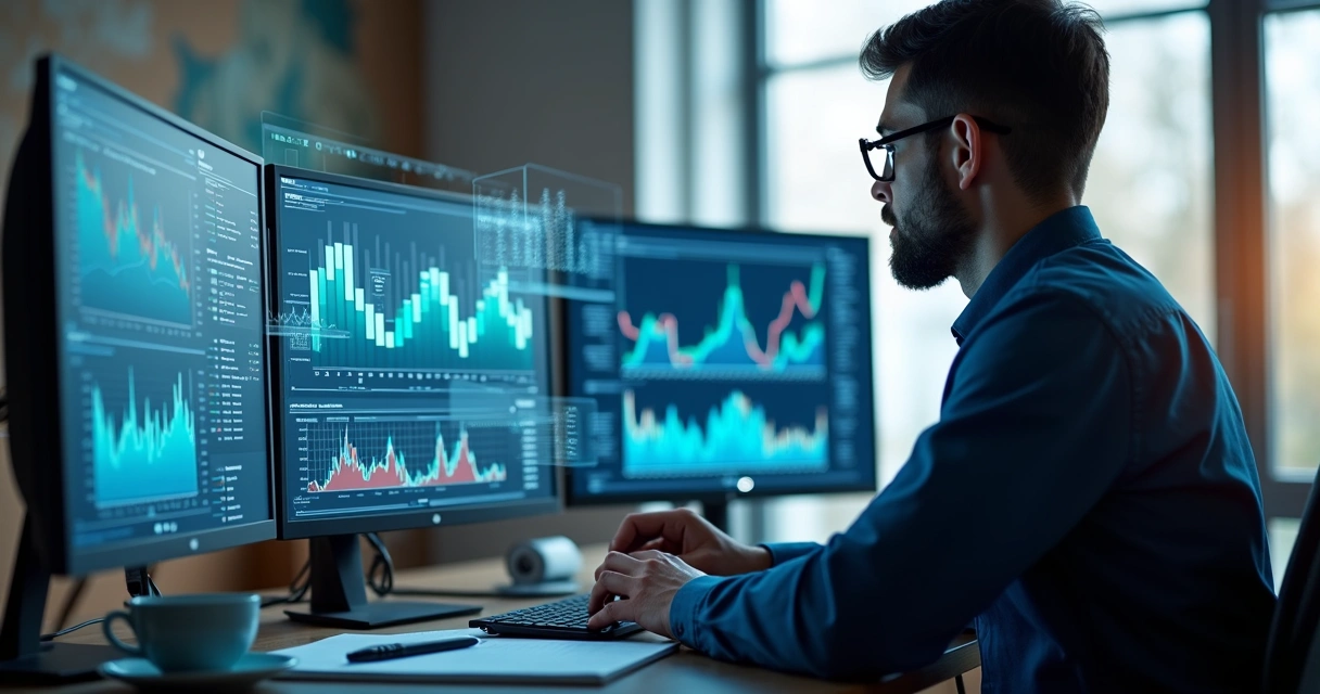 Profissional de contabilidade analisando gráficos digitais em várias telas. 