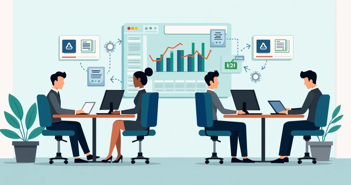 Equipe contábil automatizando lançamentos de comprovantes no computador 