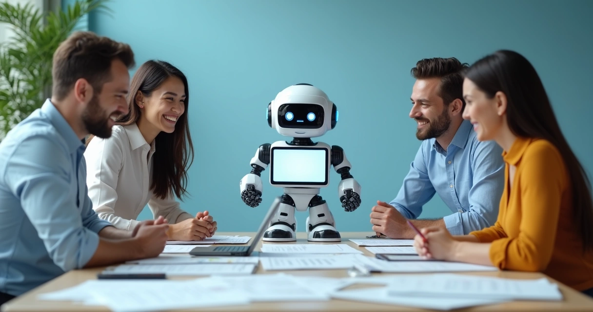 Equipe contábil reunida com robô digital ao centro, sorrisos e papéis organizados 