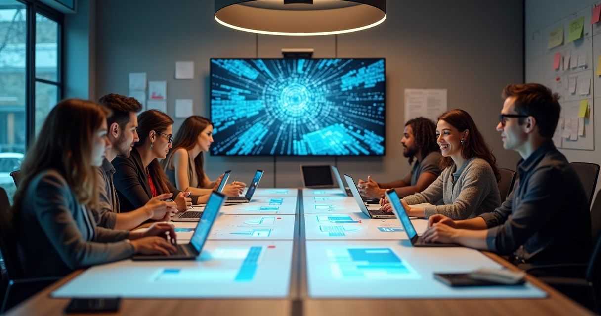 Equipe elaborando conteúdo com IA em escritório moderno 