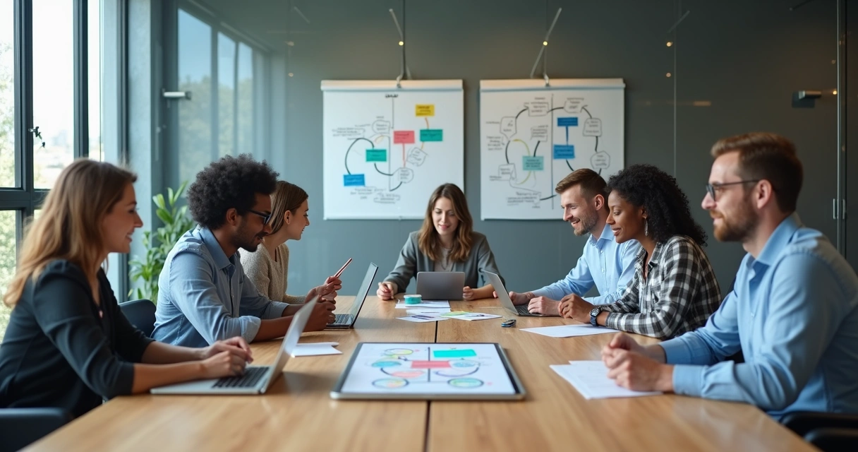 Equipe em reunião mostrando equilíbrio entre cooperação e competição saudável 