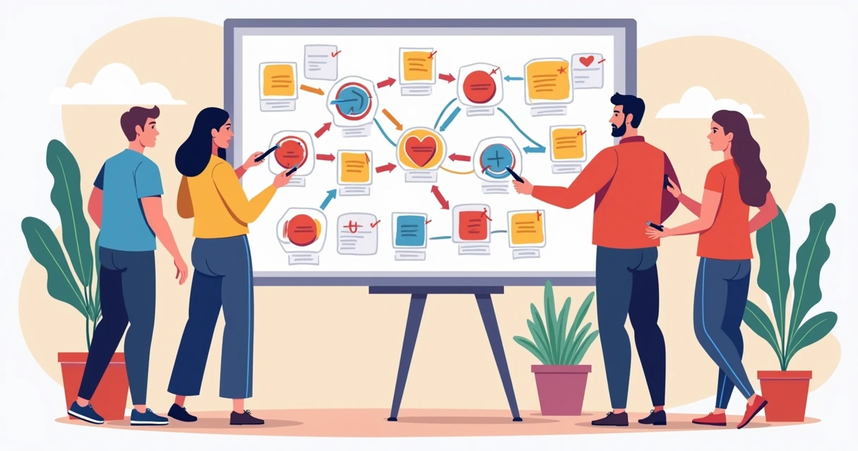 Equipe multidisciplinar de agência construindo fluxograma em quadro digital 