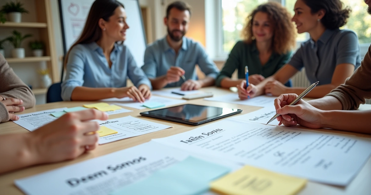 Equipe pequena criando conteúdo para página quem somos em mesa colaborativa 